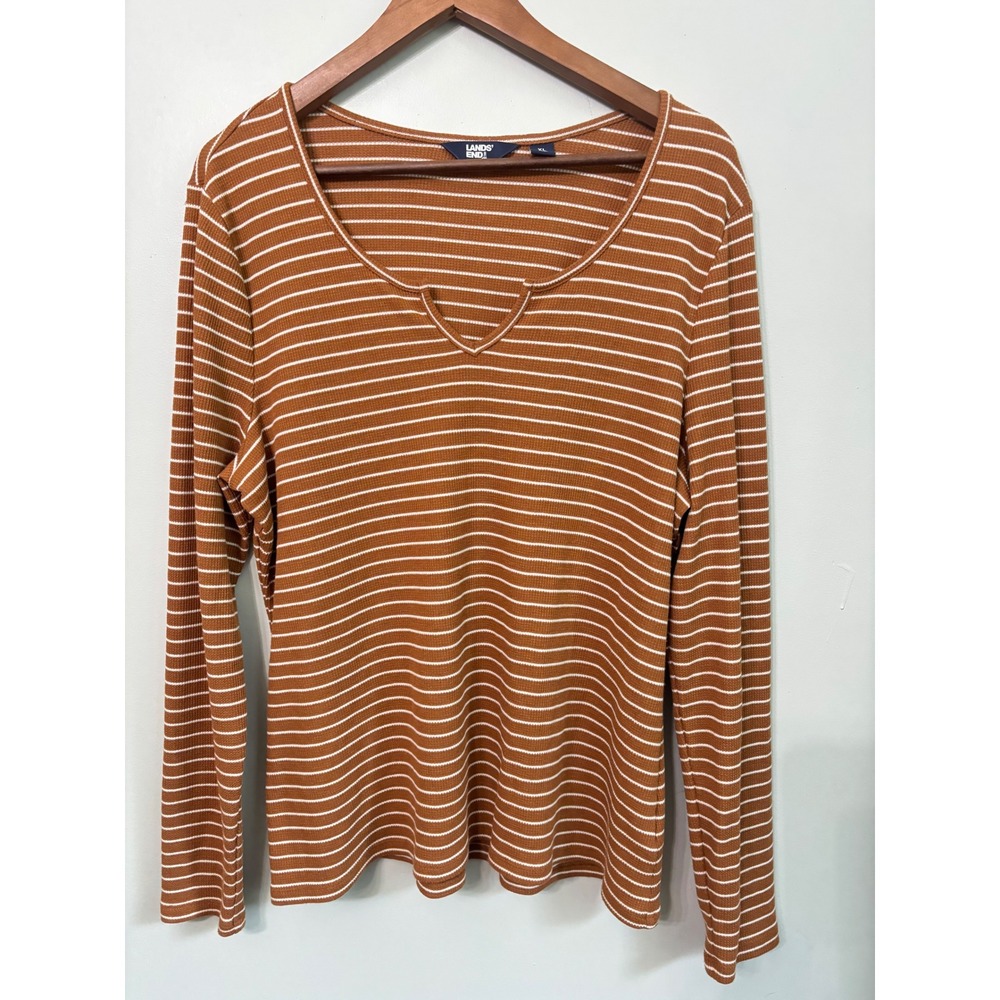 Lands End Womens XL Thermal Striped Top Rust Brown White Notch Neck Thermal
